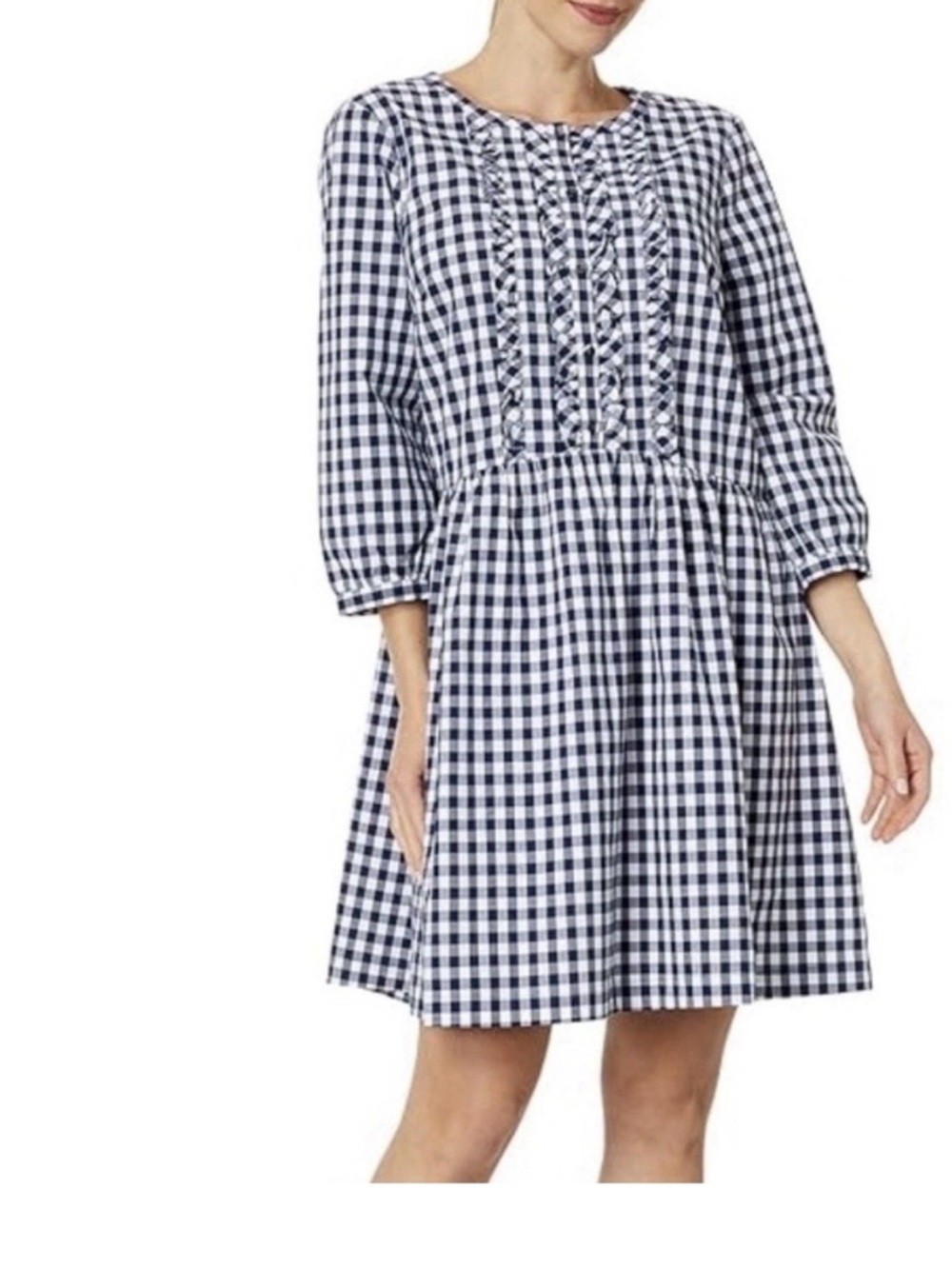 New Draper James Dress Size XS Navy White Gingham Smocked Mini Dress